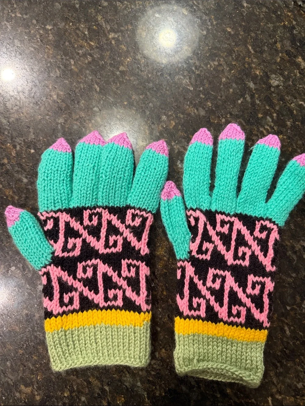 Colorful Patterned Knit Gloves - Pink & Green Adult-sized
